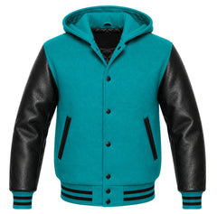Teal and Black Varsity Jacket with Hood