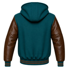 Teal and Brown Hooded Letterman Jacket