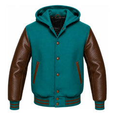 Teal and Brown Hooded Letterman Jacket