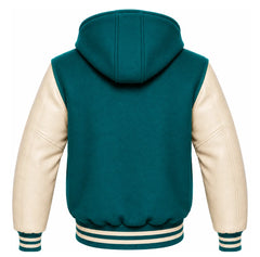 Teal and Cream Varsity Jacket with Hood