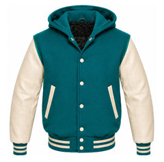 Teal and Cream Varsity Jacket with Hood