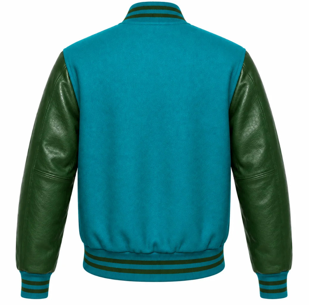 Teal wool varsity jacket with green leather sleeves, back view