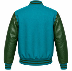 Teal wool varsity jacket with green leather sleeves, back view
