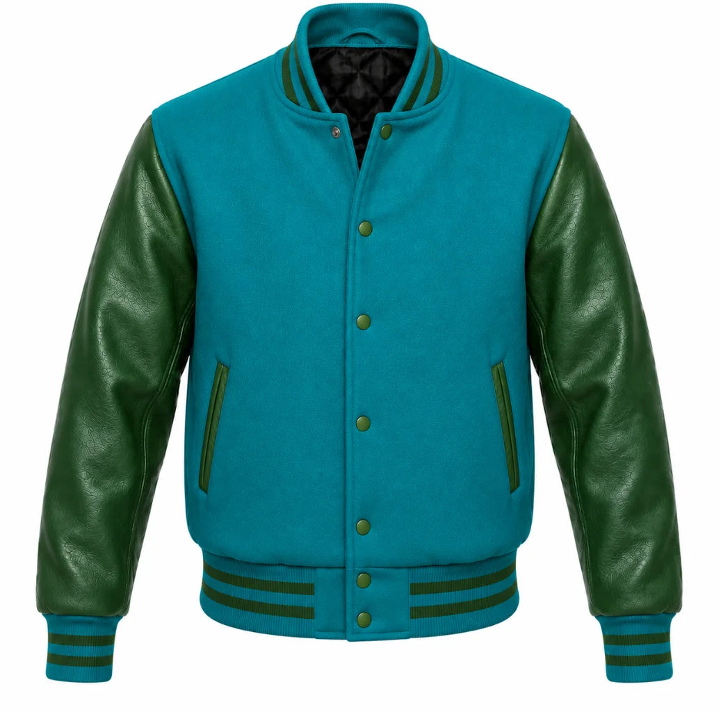 Teal melton wool varsity jacket with green cowhide leather sleeves, front view