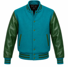 Teal melton wool varsity jacket with green cowhide leather sleeves, front view