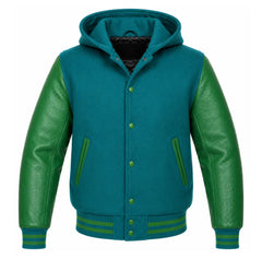Teal and Green Varsity Jacket with Hood