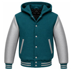 Teal and Grey Hooded Varsity Jacket
