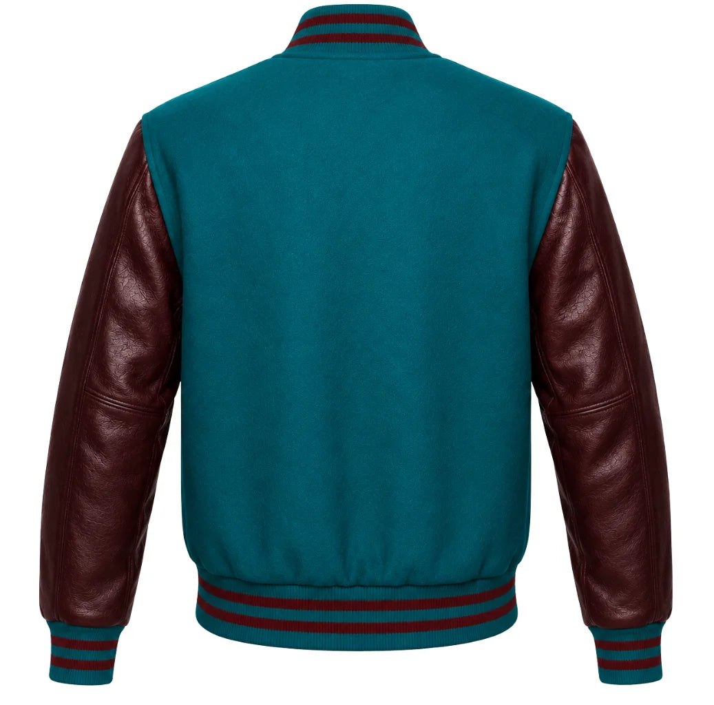 Teal wool letterman jacket with maroon cowhide sleeves, back view