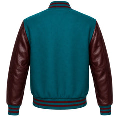 Teal wool letterman jacket with maroon cowhide sleeves, back view