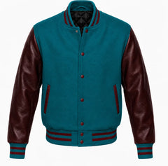 Teal melton wool letterman jacket with maroon leather sleeves, front view
