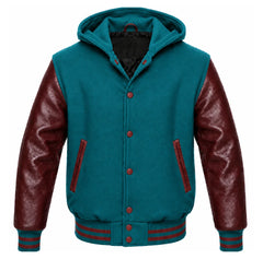 Teal and Maroon Varsity Jacket with Hood