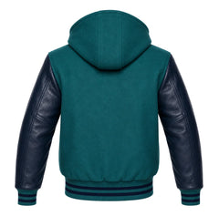 Teal and Navy Blue Varsity Jacket with Hood