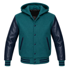 Teal and Navy Blue Varsity Jacket with Hood