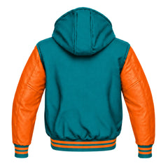 Teal and Orange Hooded Letterman Jacket