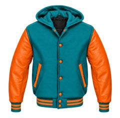 Teal and Orange Hooded Letterman Jacket