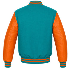 Teal wool varsity jacket with orange cowhide sleeves, back view