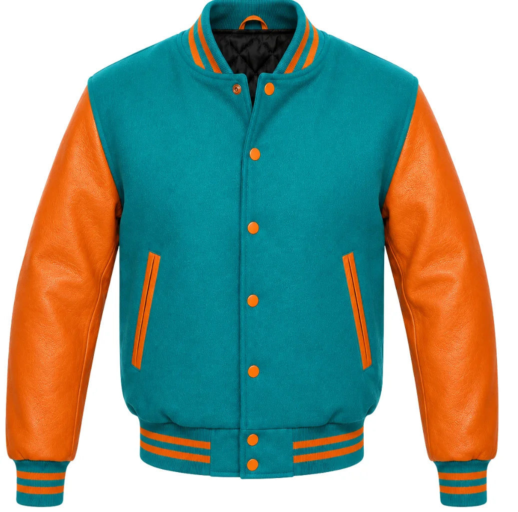 Teal melton wool varsity jacket with orange leather sleeves, front view