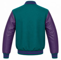 Back view of a teal wool varsity jacket with purple cowhide sleeves