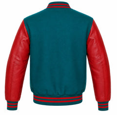 Back view of a teal wool varsity jacket with red leather sleeves