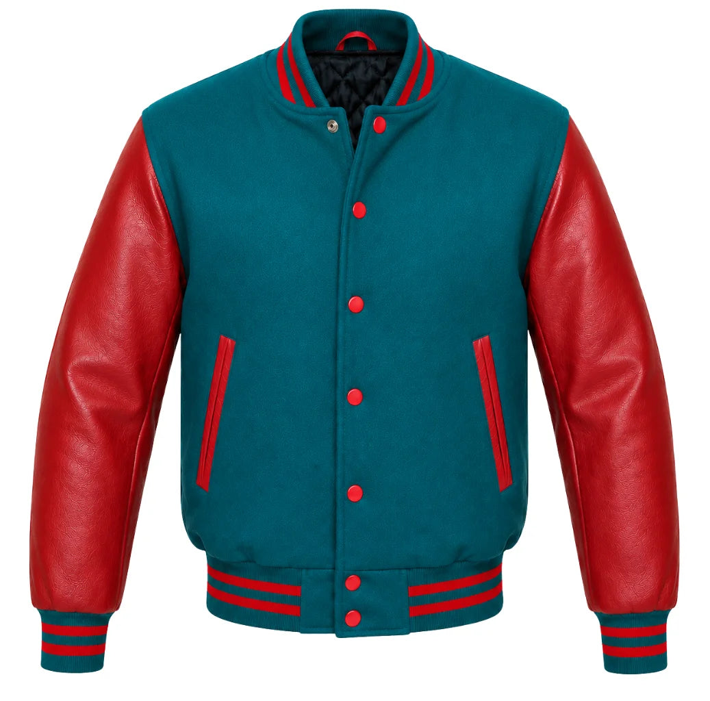 Teal melton wool varsity jacket, red cowhide leather sleeves, front view