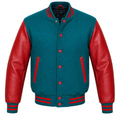 Teal melton wool varsity jacket, red cowhide leather sleeves, front view