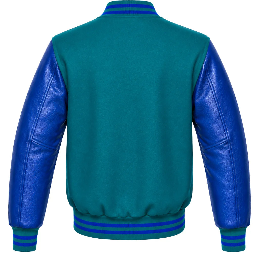 Teal wool varsity jacket with royal blue leather sleeves, back view