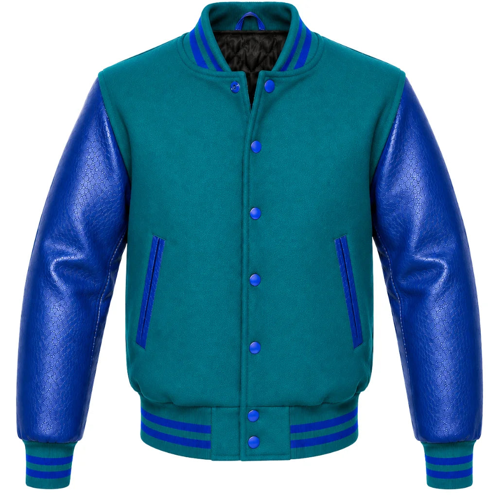 Teal melton wool varsity jacket with royal blue cowhide sleeves, front view