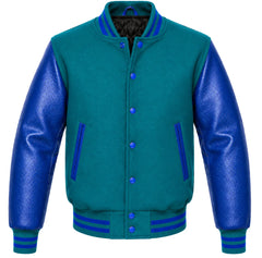 Teal melton wool varsity jacket with royal blue cowhide sleeves, front view