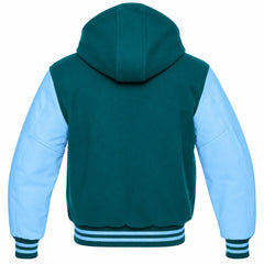 Teal and Sky Blue Hooded Varsity Jacket