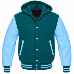 Teal and Sky Blue Hooded Varsity Jacket