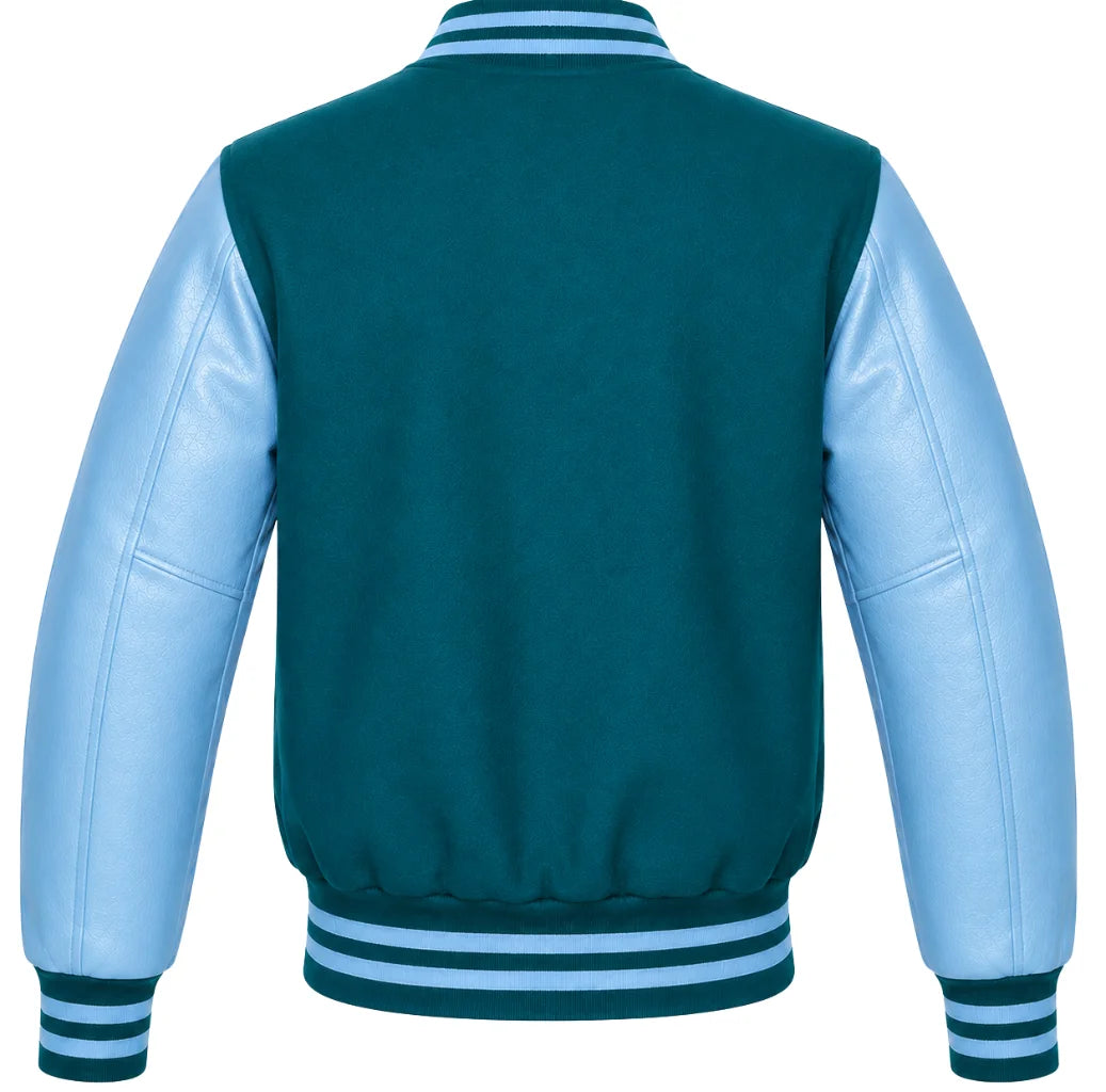 Back view of a teal wool letterman jacket with sky blue cowhide sleeves