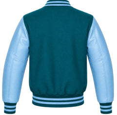 Back view of a teal wool letterman jacket with sky blue cowhide sleeves