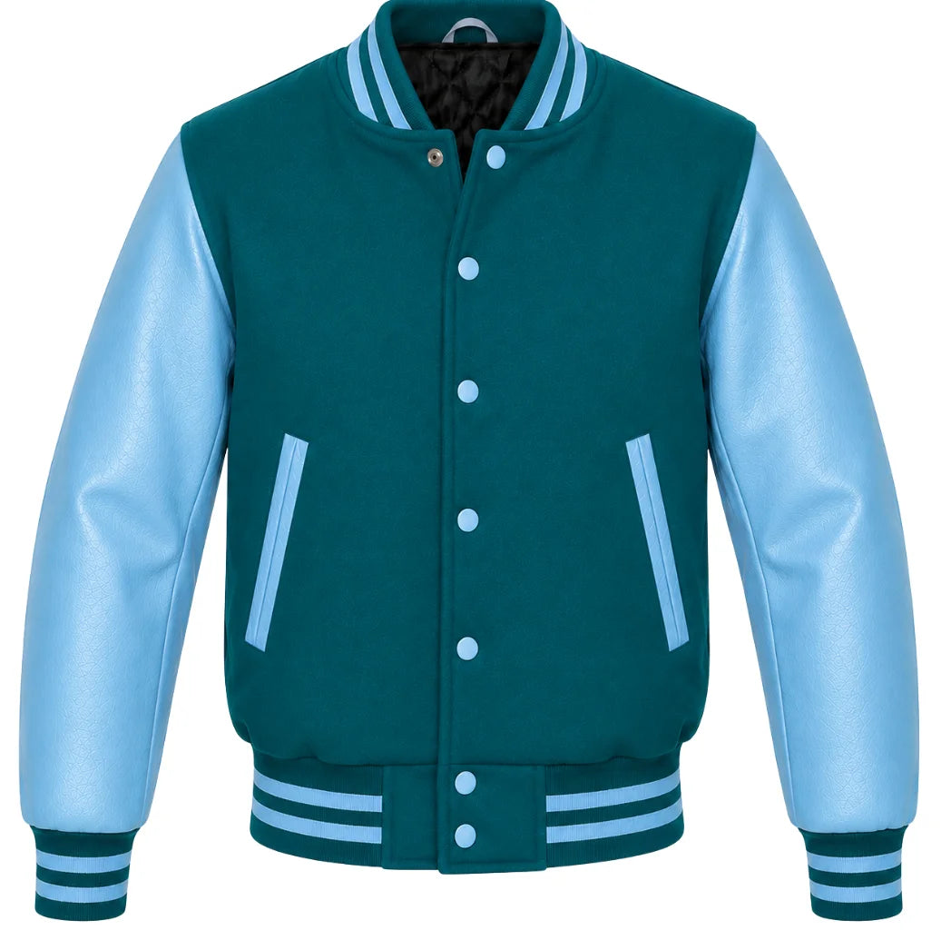 Teal melton wool letterman jacket with sky blue leather sleeves, front view