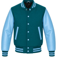 Teal melton wool letterman jacket with sky blue leather sleeves, front view