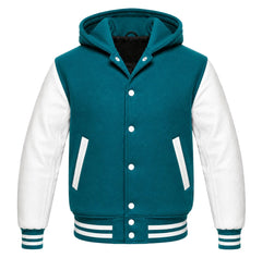 Teal and White Hooded Varsity Jacket
