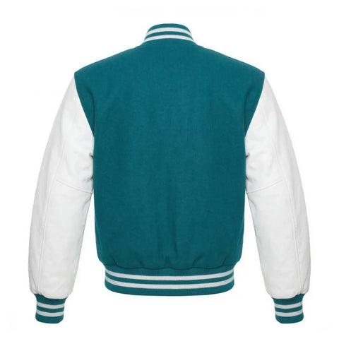Teal and White Varsity Jacket with Wool Body and Leather Sleeves Back Side