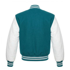 Teal and White Varsity Jacket with Wool Body and Leather Sleeves Back Side