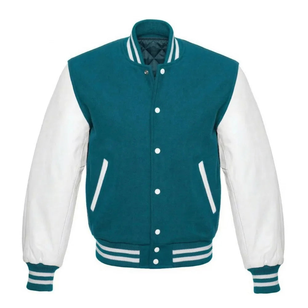 Teal and White Varsity Jacket with Wool Body and Leather Sleeves