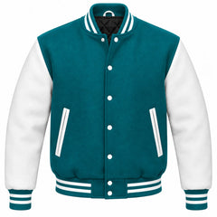Teal and White Wool Letterman Jacket
