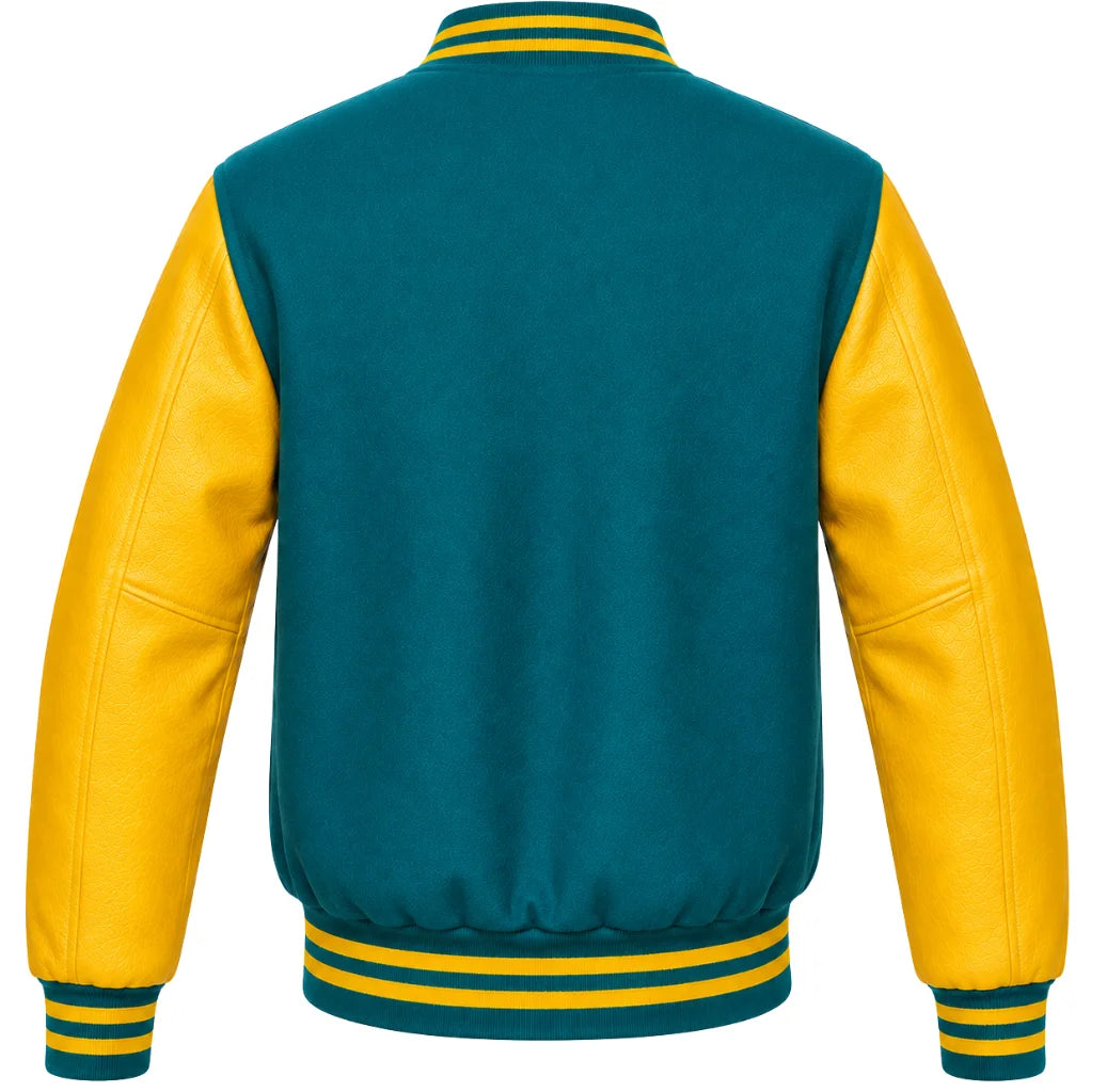 Teal wool varsity jacket with yellow cowhide leather sleeves, back view