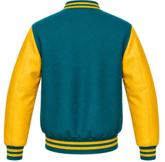 Teal wool varsity jacket with yellow cowhide leather sleeves, back view