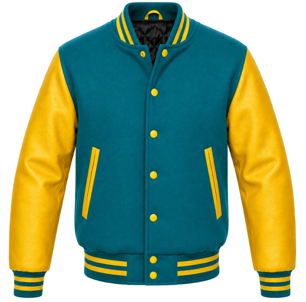Teal melton wool varsity jacket with yellow leather sleeves, front view