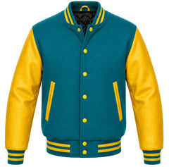 Teal melton wool varsity jacket with yellow leather sleeves, front view