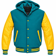 Teal and Yellow Varsity Jacket with Hood