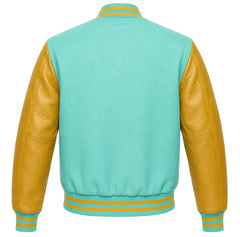 Tiffany blue wool varsity jacket with gold cowhide sleeves, back view