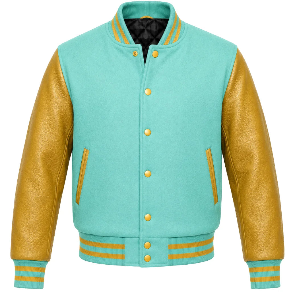 Tiffany blue melton wool varsity jacket with gold leather sleeves, front view