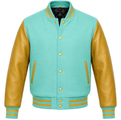 Tiffany blue melton wool varsity jacket with gold leather sleeves, front view