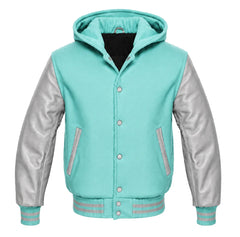 Tiffany Blue and Grey Letterman Jacket with Hood