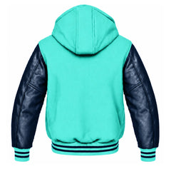 Tiffany Blue and Navy Blue Hooded Varsity Jacket