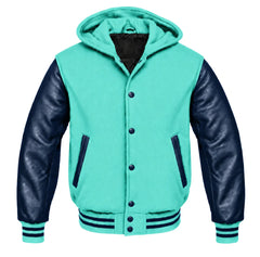 Tiffany Blue and Navy Blue Hooded Varsity Jacket